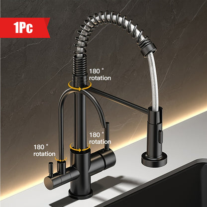 3-in-1 Black Stainless Steel Kitchen Faucet. Pull-Down Sprayer & Purified Water