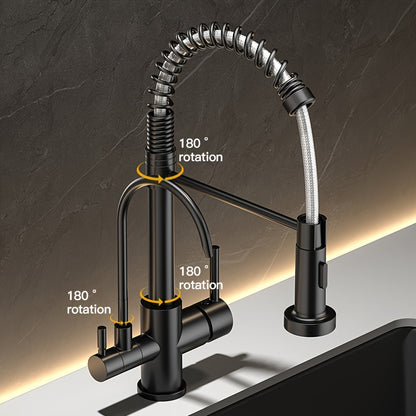 3-in-1 Black Stainless Steel Kitchen Faucet. Pull-Down Sprayer & Purified Water