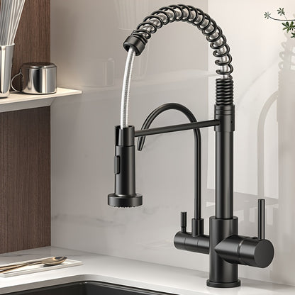 3-in-1 Black Stainless Steel Kitchen Faucet. Pull-Down Sprayer & Purified Water