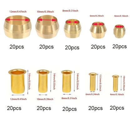 200 x Brass Compression Sleeves – 6 Sizes (1/8" to 1/2")