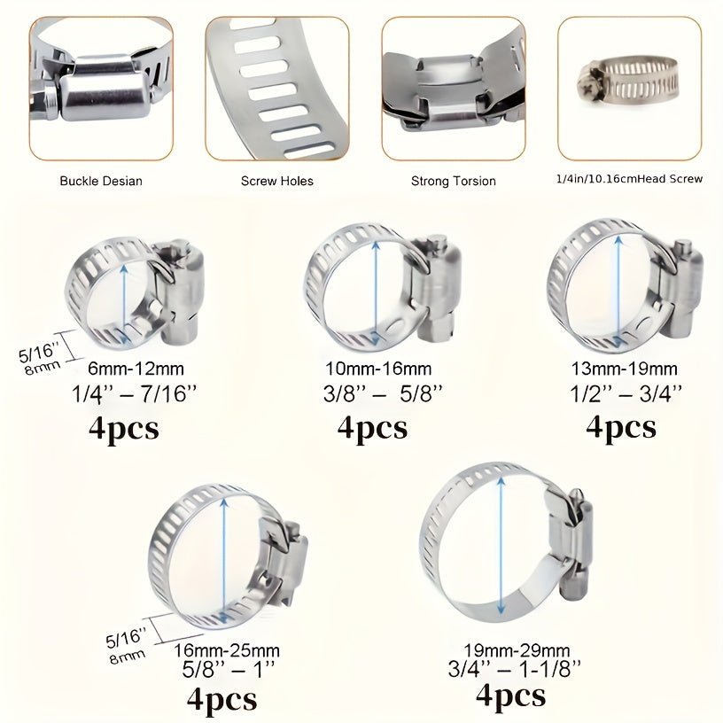 20 x Stainless Steel Hose Clamp Set (6-29mm)