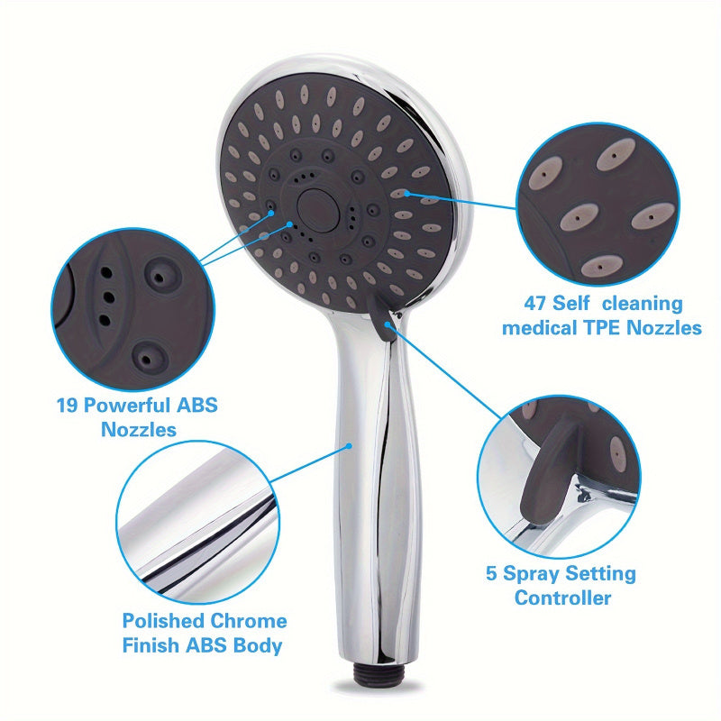 High-Pressure Handheld Shower Head – 5 Sprays, Adjustable Holder & Hose