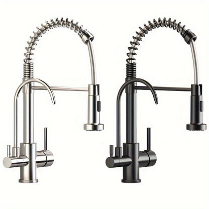 3-in-1 Black Stainless Steel Kitchen Faucet. Pull-Down Sprayer & Purified Water