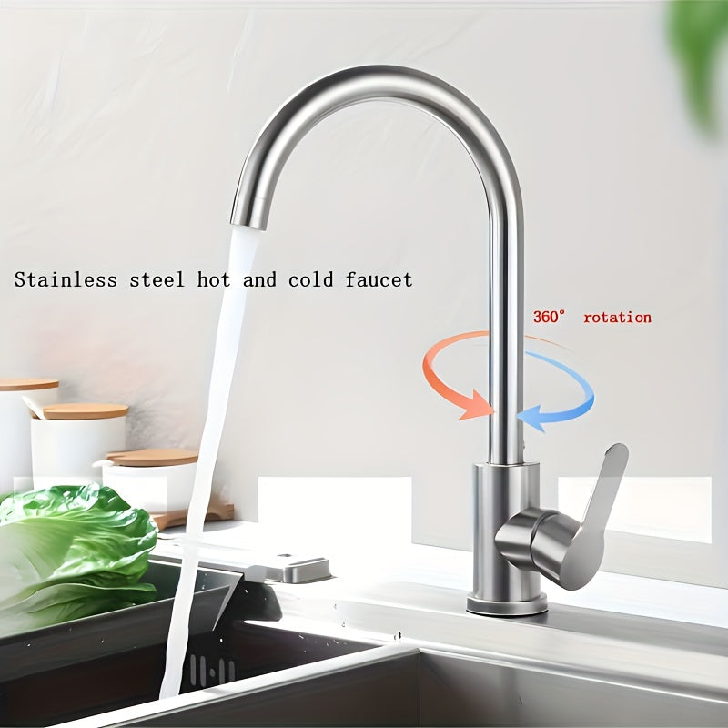 Stainless Steel Kitchen Faucet. 360° Swivel. Single Handle & Hot/Cold Water