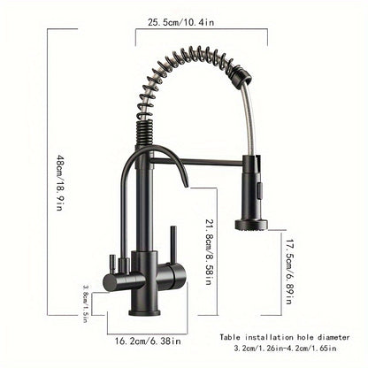 Rubinetto da cucina in acciaio inossidabile nero 3 in 1. Spruzzatore estraibile e acqua purificata