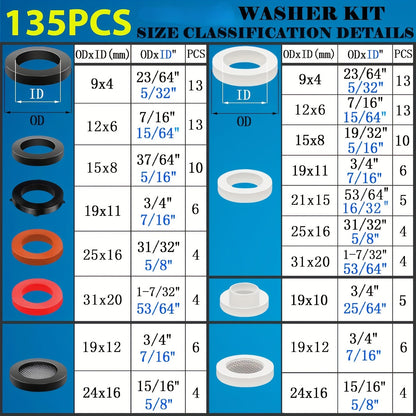 135 x Kit di rondelle idrauliche assortite