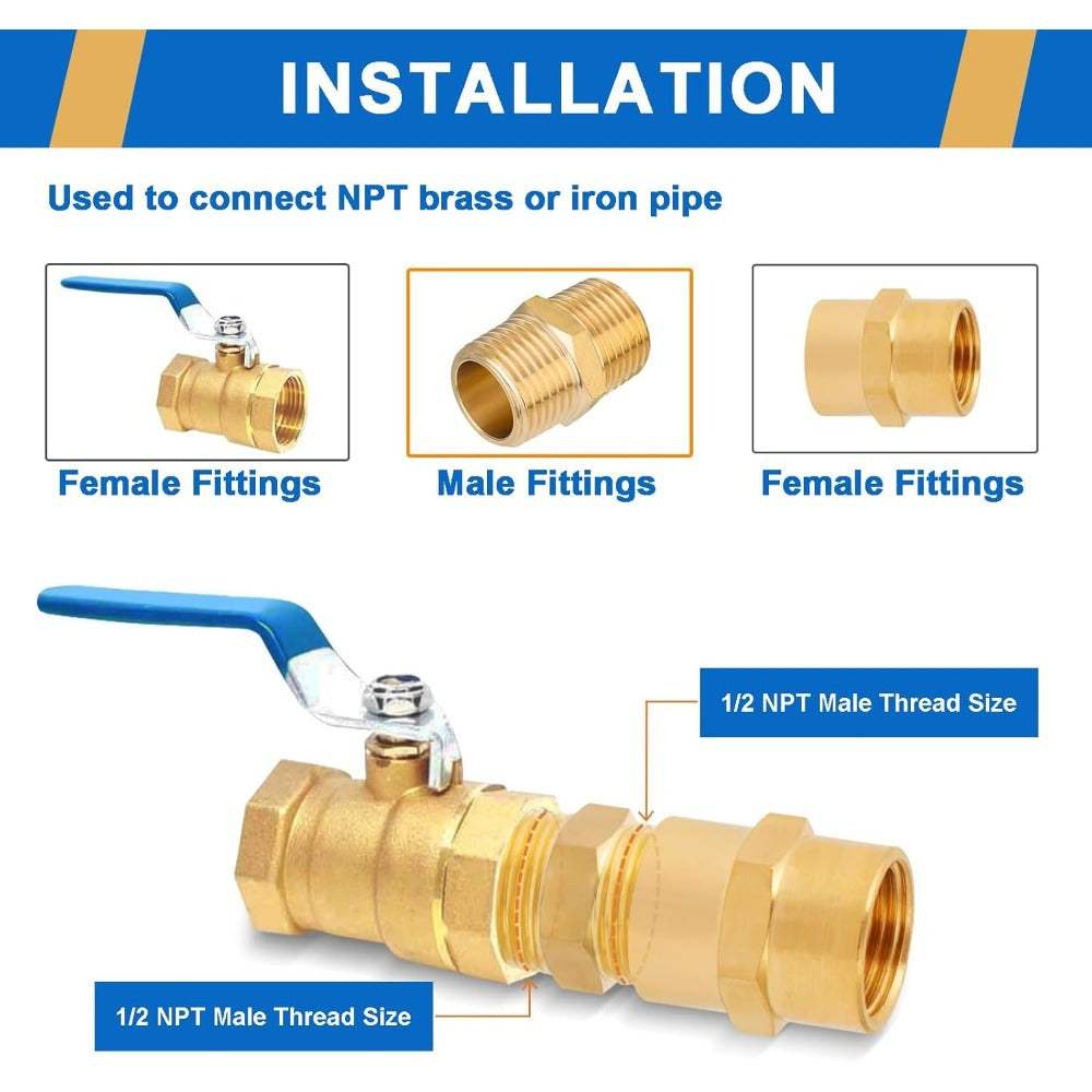 5 x Brass Hex Nipple Fittings – 1/2"Male x 1/2"NPT