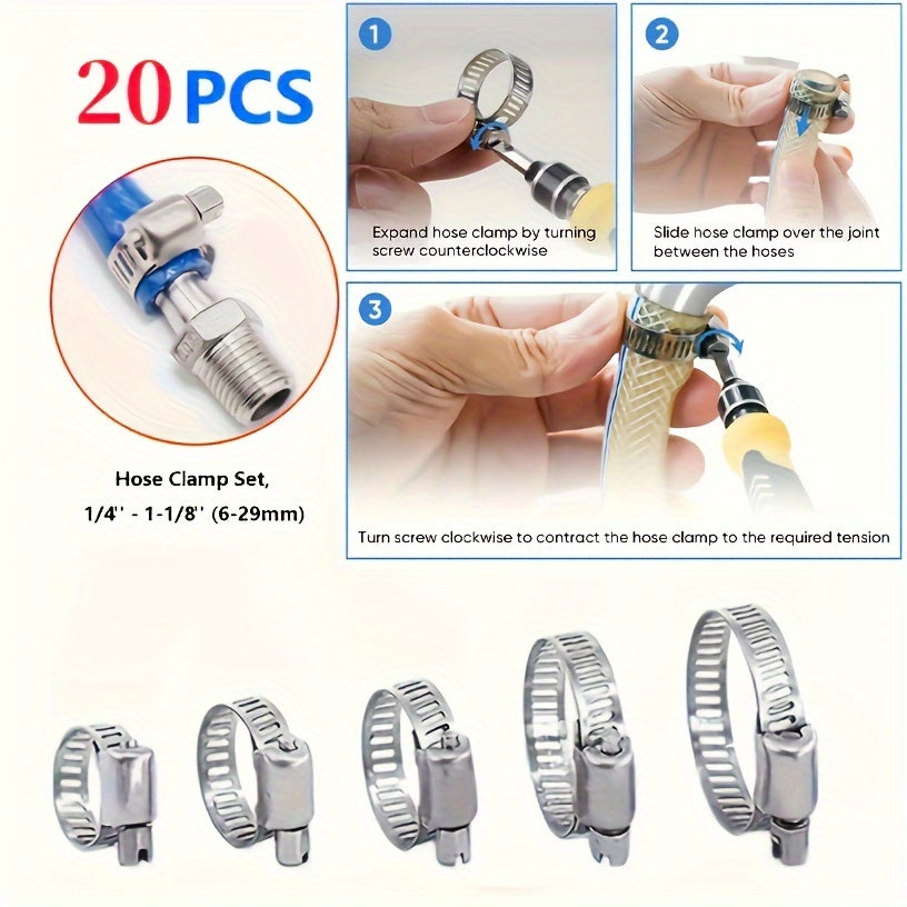 20 x Stainless Steel Hose Clamp Set (6-29mm)